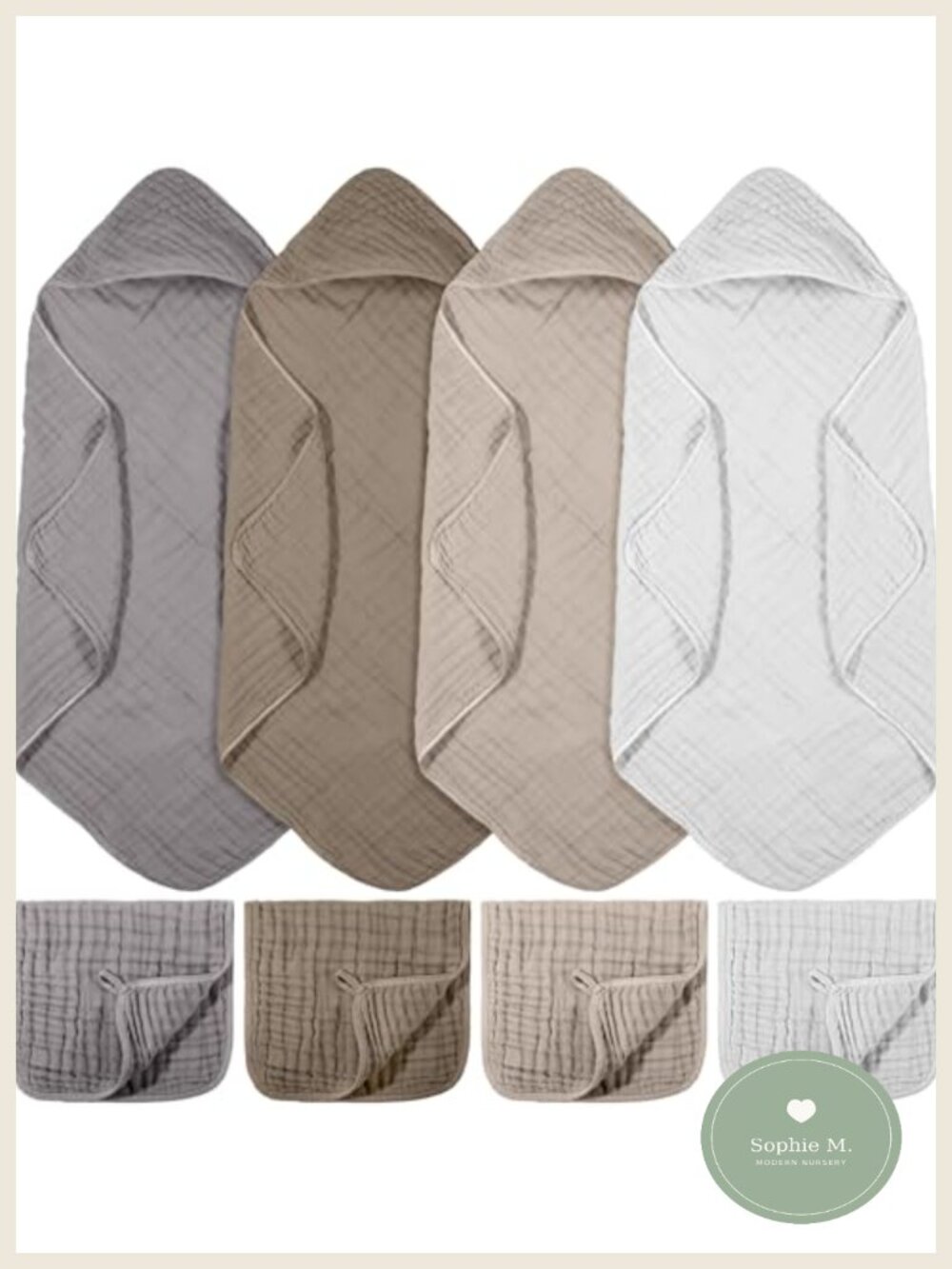 Muslin Cotton Hooded Baby Bath Towel & Washcloth Set 8 Pc